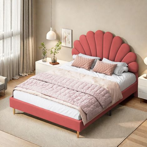 Elegante letto imbottito 140 x 200 cm, letto per adulti con rete a doghe, letto matrimoniale con testiera a forma di fiore, tessuto in velluto, colore beige o rosso vino, senza materasso (1/5)