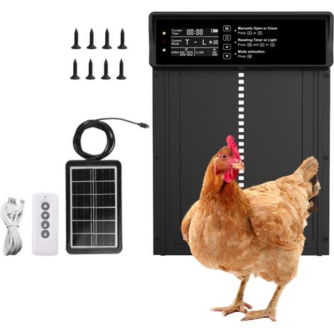 Ortviai Porte Automatique pour Poulailler Solaire et sur Piles avec Écran LCD, Minuterie et Capteur Anti-pincement – Aluminium Noir