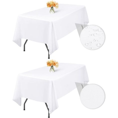 Packung mit 1 rechteckiger, weißer Polyester-Tischdecke, 140 x 200 cm, wasser- und fleckenabweisend, waschbar, knitterfrei, für Hochzeiten, Geburtstage, Camping, Selbstbedienung. (1/5)