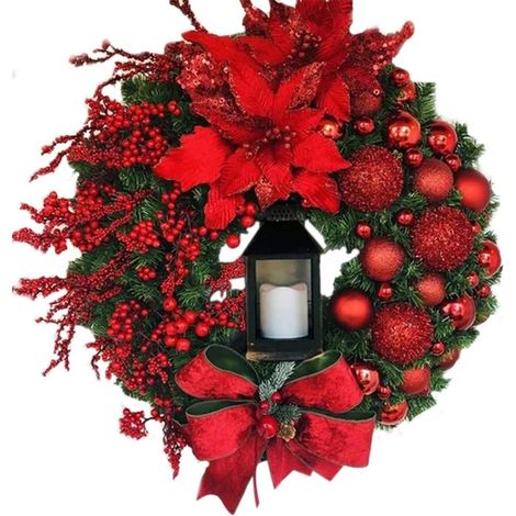 Couronne de Noël artificielle rouge 43 cm, décoration de cheminée intérieure et extérieure pour porte, mur, fenêtre et cheminée. (1/5)
