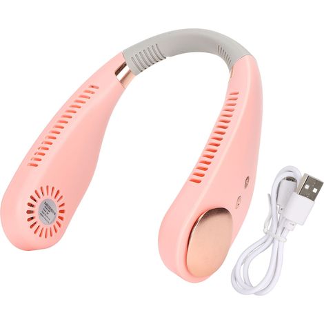 Ventilateur de cou sans pales 3 vitesses recharge USB batterie 3000mAh silencieux mains libres lumière d'ambiance rose pour bureau et voyage (1/5)