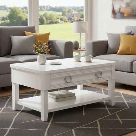 Dmora - Wohnzimmertisch Bordano, Niedriger Wohnzimmertisch, Kaffeeregal, Couchtisch für Sofa, 90x60 h47 cm, Weiß (1/5)