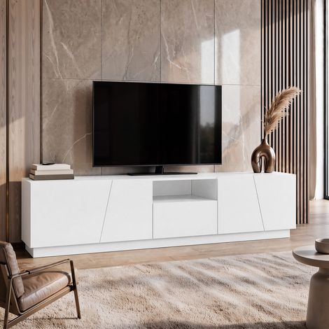 Modernluxe – Meuble TV 170 cm en MDF blanc – 4 portes design irrégulier – Capacité 80 kg – Assemblage facile en 30-60 minutes