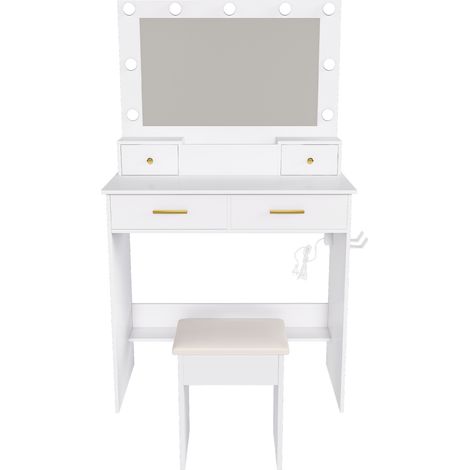 Coiffeuse lumineuse LED 3 intensités avec prise électrique et porte-sèche-cheveux – 4 tiroirs + panier de stockage – Tabouret capitonné fourni – Blanche, 80x137x40 cm. (1/5)