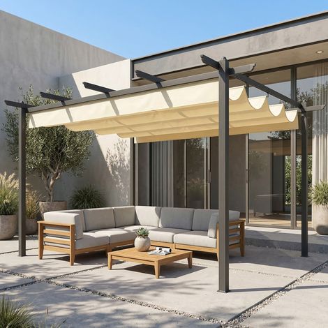 Pérgola de Jardín 4x3 m con Techo Retráctil Estructura de Aluminio UPF30+ Orificios de Drenaje Pabellón Exterior Crema