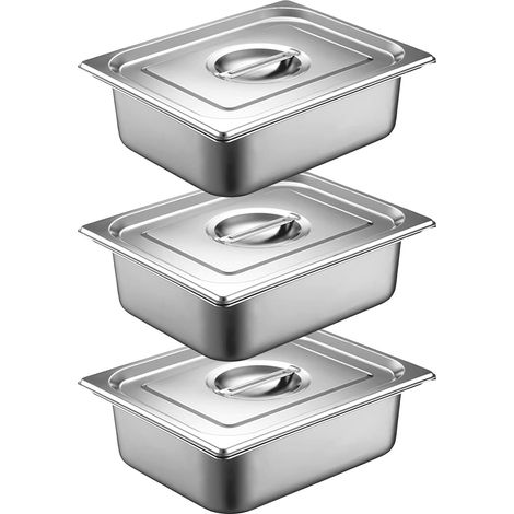 Lot de 3 Plat Inox avec Couvercle, GN 1/2 Bac avec Couvercle, 32,5 x 26,5 x 6,5 cm Bac Alimentaire Inox pour des Fours à Convection, des Chafing Dishes, des Réfrigérateurs (1/5)