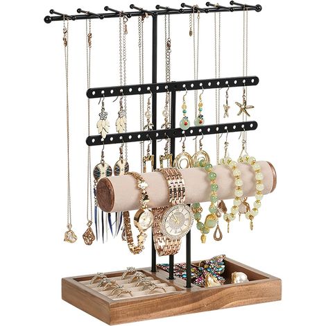 Présentoir à Bijoux, Presentoir Boucle D'oreille avec Base en Bois, avec 38 Trous, Porte Bijoux Femme pour Colliers, Bracelets, Boucles d’Oreilles, Pinces, Bagues (Noir) (1/5)