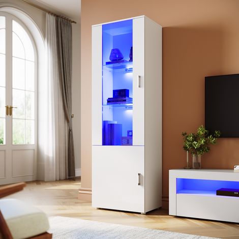 ELEGANT 187cm Display Cabinet Multicolour LED Lights Sideboard Living Room Cabinet with Slow Close Hinges Door  White High Gloss Fronts (1/5)