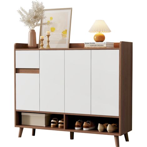 Buffet de Rangement avec 4 Portes et 1 Tiroir et Étagère Réglable pour Salle à Manger en Panneau de Particules 120×35×99 cm Blanc et Naturel (1/5)