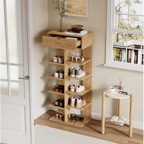 Schuhschrank 55 × 33 × 133 cm aus Natur-Spanplatte, 10 Fächer, platzsparend – MEUBLIV (1/5)