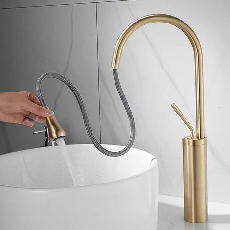 Einloch-Spültischarmatur mit 60 cm Schlauch, für Wohnmobilküche, Waschküche, Bauernhaus, Camping, Bar, Anrichte, gebürstetes Gold