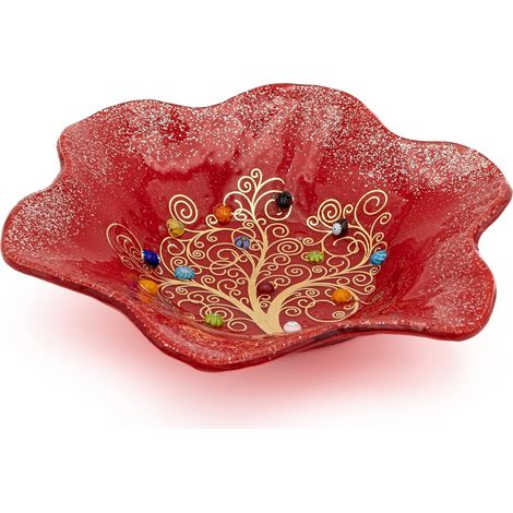 Vide-poches Plat Décoratif Bol Arbre de Vie Verre de Murano Décoré Murrines et Feuille d'Or Idée Cadeau Fait à la Main Fabriqué en Italie (13x13 cm) (1/5)