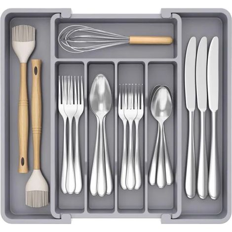 Organisateur de tiroir à couverts, plateau extensible pour couverts de cuisine, couverts et support à couverts sans BPA, gris (1/4)