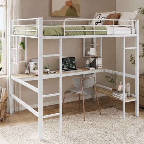 Hochbett 140x200 cm Weiß aus Metall und MDF mit Schreibtisch, Regalen, Bücherregal und Leiter (1/5)