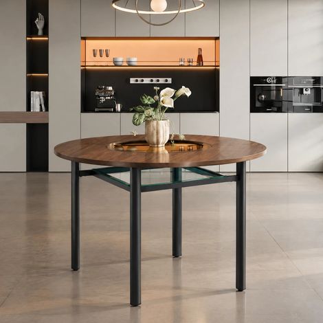 Table à Manger Ronde 100 cm Plateau MDF Décor Bois Brun Verre Trempé Étagère Pieds Métal Noir 4 à 6 Personnes (1/5)