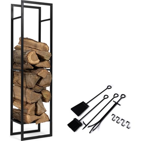 Vertikale Kaminholzablage aus schwarzem Stahl mit Regal und Zubehör H. 170 cm