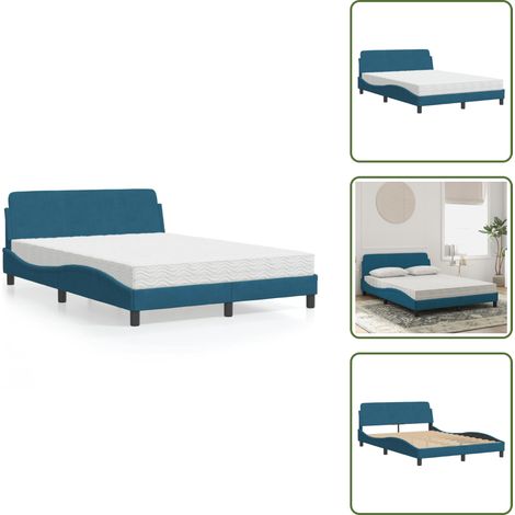 The Living Store Lit avec matelas bleu 120x200 cm velours - Lit Double - Lit Design - Lit Velours - Lit Avec Matelas - Literie