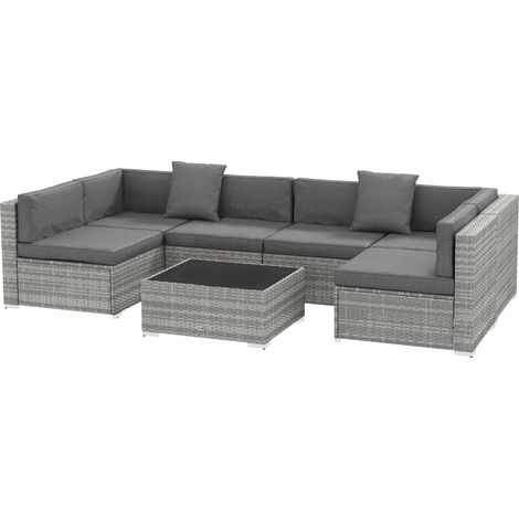 Salon de jardin 7 pièces modulable table basse verre trempé coussins déhoussables gris