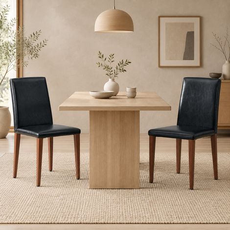 Lot de 2 chaises de salle à manger en cuir régénéré noir, pieds en métal bois foncé, dossier ergonomique 47 cm, assise 4,5 cm, patins antidérapants FLORAGRACE (1/5)