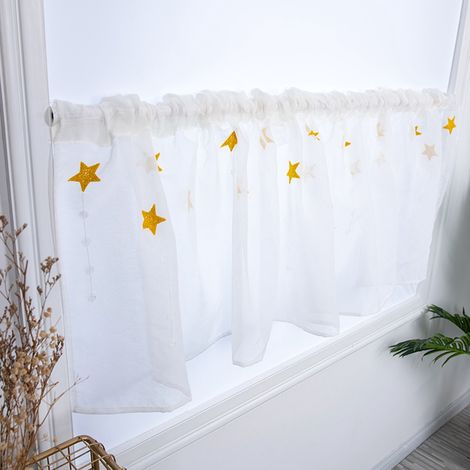 Küchenschrank-Gardine mit Stickerei, kurze Gardine, halbe Fensterdekoration (gelbe Sterne) (1/5)