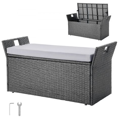 Banco de Almacenamiento de Ratán Sintético Baúl de Terraza 104 x 45 x 52 cm con Cojín y Asas Laterales Asiento Cómodo para 2 Personas Soporta hasta 181 kg para Exterior, Jardín, Balcón, Gris (1/5)