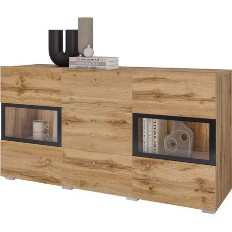Buffet RAMOS 130 cm – Goldene Eiche und Schwarz – 2 Glastüren und 3 Schubladen – Ohne LED