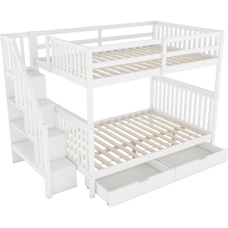 Lit superposé 140 x 200 cm avec escalier de rangement, 2 tiroirs, pin et MDF, blanc, EN747-1 (1/5)