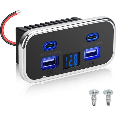 Prise USB RV 62W, Double Ports USB-A et Double Ports Type-C, Panneau de Prise avec Voltmètre pour Voiture, Camion, Bateau 12V/24V (1/5)