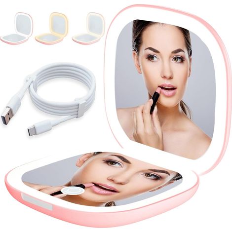 Specchio LED compatto con ingrandimento 1x/10x, rosa, diametro 9 cm, spessore 1,7 cm, ricaricabile tramite USB, luminosità sensibile al tocco, perfetto per il trucco, regali per (1/5)