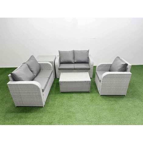 Fimous High Back Poly Rattan Garden Furniture Set with Reclining Chair Loveseat Sofa Rectangular Coffee Table Indoor Outdoor Patio  Set Side Table Light Grey (1/4)