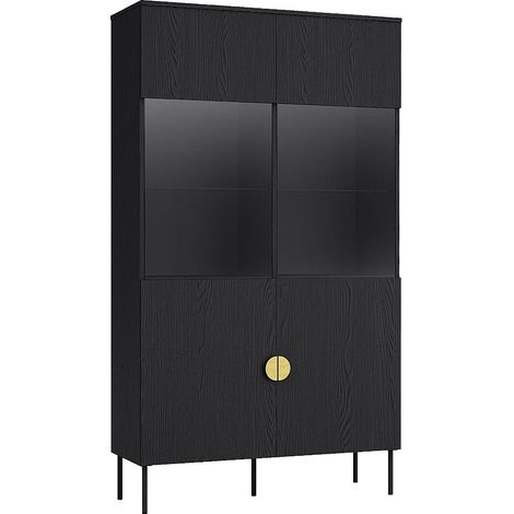Vitrine 2 portes et 4 niches avec LEDs - Noir et doré - NATANIEL (1/4)