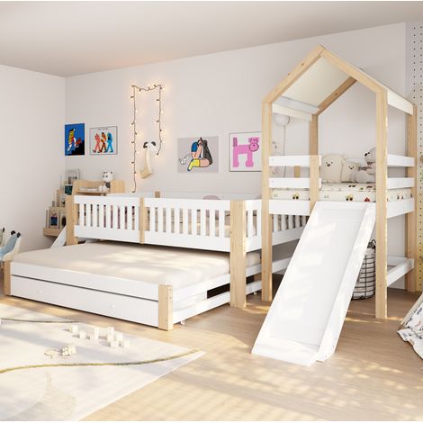 Litera 90/200 cm con cama extraíble, tobogán y cajones, blanco/natural (1/5)