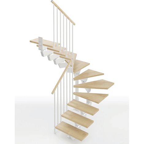 gewundene Treppe Breite 75cm, 13 Stufen + Podest, Holz naturfarbig und weißes Metall - KNOCK75/U/HB-RH-13