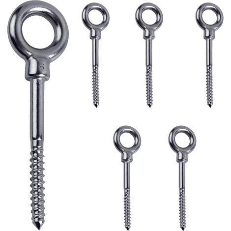 6 Pièces Boulons à œil, Piton a Visser Inox, Vis M6, Argenté Crochet à Visser Bois avec Filetage, Fixation sur une Paroi, Point de Fixation Rapide et Solide (1/5)
