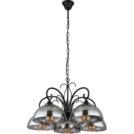 Pendelleuchte Hängelampe Hängeleuchte Esstischlampe, Höhenverstellbar 5 flammig, Metall schwarz Rauchglas, 5x E27 Fassungen, DxH 56x120cm