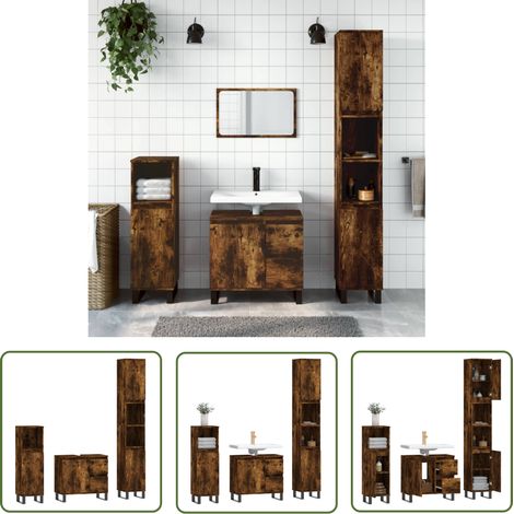 The Living Store Ensemble de meubles de salle de bain 3 pcs Chêne fumé - Meuble De Salle De Bain - Ensemble Salle De Bain - Ameublement Salle De Bain - Armoire Salle De Bain - Meuble Lavabo (1/5)