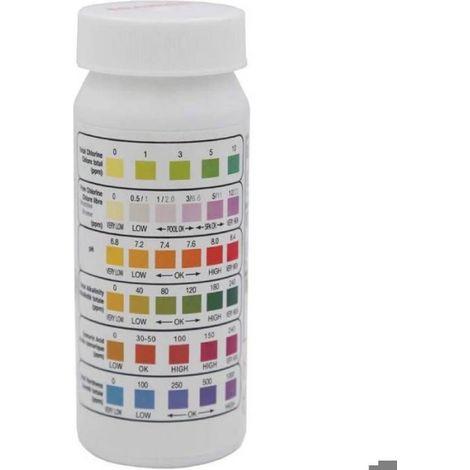 Bandelette Test - 6 En 1 - Chlore pH Alcalinite Durete Bromure Acide Cyanurique - Piscine Spa Jacuzzi - 50 Unites (1/4)