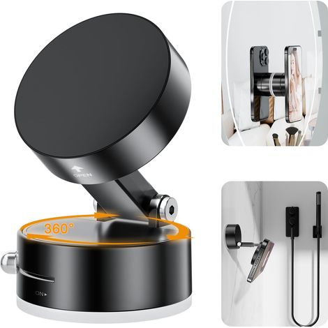 Soporte magnético para teléfono con ventosa, giratorio 360° y plegable, compatible con iPhone Magsafe, para ducha, baño, espejo, gimnasio, coche y cocina, color negro.