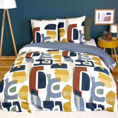 Parure de lit 220x240 cm - COTE DECO - Imprimé géométrique - Microfibre - Réversible - 2 Taies d'oreiller (1/5)