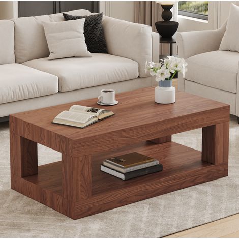 Couchtisch 93x53x46 cm Walnuss, 2 Ebenen mit offenem Stauraum, MDF, rechteckig MEUBLIV (1/5)