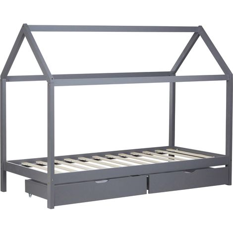Letto a soppalco per bambini fatto in casa con rete a doghe in tessuto e cassetti portaoggetti in legno di pino grigio 90x200 cm LIT06206