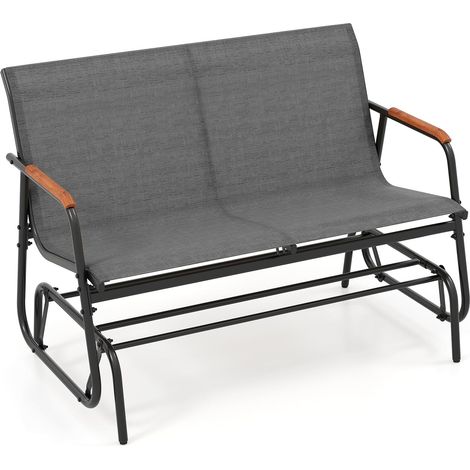 GOPLUS Banc Exterieur Jardin à Bascule, 115 x 74 x 84 CM, Banquette Terrasse avec Assise en Tissu Respirant, Accoudoirs Incurvés en Teck et Structure en Métal, Idéal pour Jardin, Balcon (2 Personnes) (1/5)