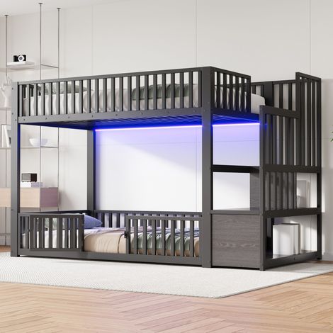 Lit superposé en métal 90x200 cm - avec échelle de rangement - barrière de sécurité - MDF - Noir (Matelas non inclus)