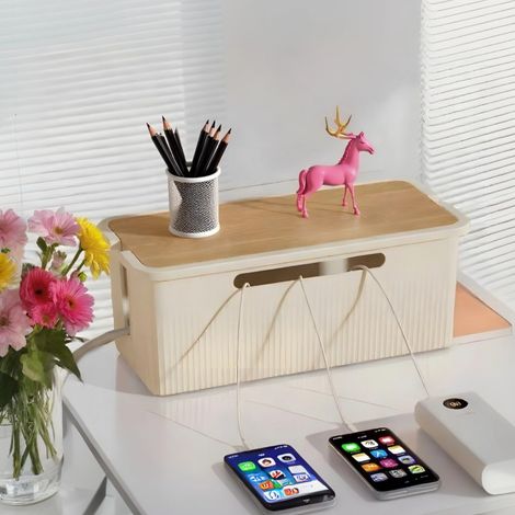Grande boîte de rangement de câbles en bois style organisateur de cordons et couvercle pour câbles TV, ordinateur, routeur, concentrateur USB et multiprise sous le bureau – Matériau ABS sûr et (1/5)