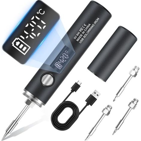 Wiederaufladbares USB-Lötkolben-Set mit LCD-Bildschirm, 5 einstellbaren Temperaturen von 260 °C bis 450 °C, Beleuchtungsmodus, Schwarz (1/4)
