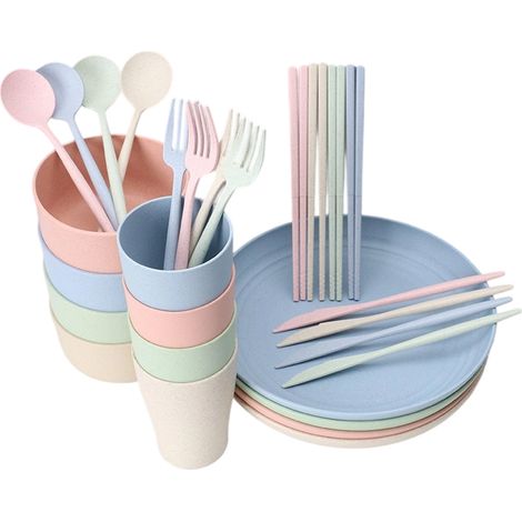 Camping Geschirr Set 4 Personen Geschirrsets aus Kunststoff Camping Geschirr Set Picknickgeschirr, Plastikgeschirr mit Tellerset (Set 4 Personen)