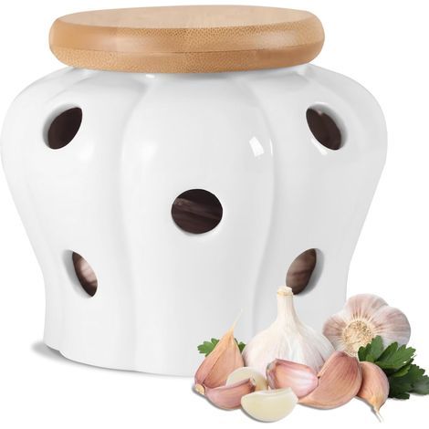 Barattolo in ceramica per conservare l'aglio con coperchio in bambù e fori di ventilazione, contenitore per peperoni, cipolle, zenzero e altro (1/5)