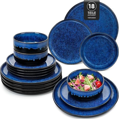 18-teiliges Geschirrset für 6 Personen, Steingut, blau, modern, inkl. Teller & Müslischalen (1/5)