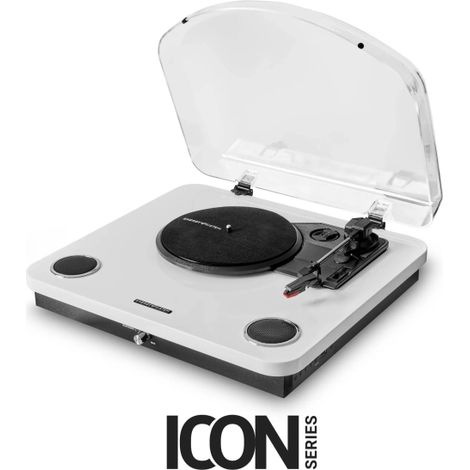 Tocadiscos con altavoces de 5W, reproducciÃ³n a 33/45/78 RPM, funciÃ³n auto-stop y conectividad Bluetooth in&out, RCA y USB player/encoder. Incluye ag