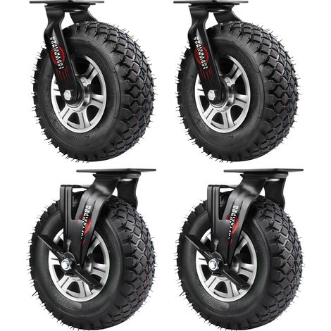 4 Roulettes Charge Lourde 250mm - 2 Pivotantes avec Frein et 2 Fixes, pour Extérieur Roues Gonflables 510KG Antichocs avec Treads Anti-Dérapants pour Chariots, Atelier, Meuble Jardin et Équipement Lou (1/5)